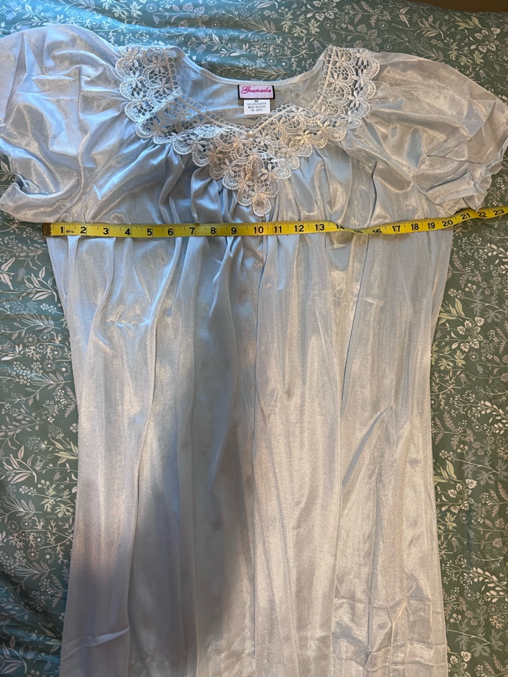 Granada Blue Liquid Satin Maxi Nightgown Lace Pearl Button Detail Medium - Picture 8 of 8
